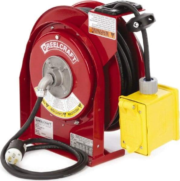 Reelcraft - 12 AWG, 45' Cable Length, Cord & Cable Reel with Outlet End - 2 Outlets, NEMA 5-15R, 15 Amps, 125 Volts, SJEOOW Cable, Red Reel, Electric Reel - Strong Tooling