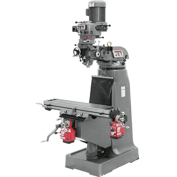 Jet - 9" Table Width x 42" Table Length, Step Pulley Control, 3 Phase Knee Milling Machine - R8 Spindle Taper, 2 hp - Strong Tooling