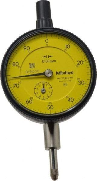 Mitutoyo - 10mm Range, 0-100 Dial Reading, 0.01mm Graduation Dial Drop Indicator - 2-3/16" Dial, 1mm Range per Revolution, 0.013mm Accuracy, Revolution Counter - Strong Tooling