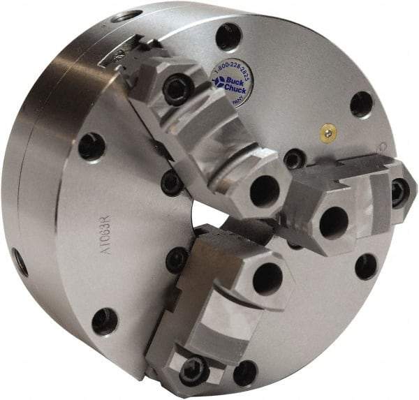 Buck Chuck Company - 3 Jaws, 10" Diam, Self Centering Manual Lathe Chuck - Plain Back Mount Spindle, Adjustable, Reversible, 2,000 Max RPM, 2-63/64" Through Hole Diam, Cast Iron - Strong Tooling