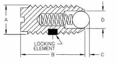 Threaded Ball Plunger: 3/8-16, 0.187″ Ball Dia, 5/8″ Body Length, 0.048″ Max Ball Reach 5 lb Initial End Force, 10 lb Final End Force, Steel Body, Nylon Ball, Locking Element