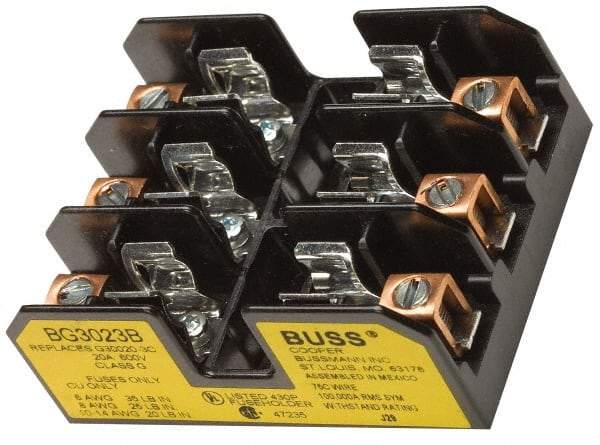 Cooper Bussmann - 3 Pole, 14 to 6 AWG, 480 VAC/VDC, 30 Amp, DIN Rail Mount Fuse Block - 3 Inch Long x 2.38 Inch Wide x 1.22 Inch High Block - Strong Tooling