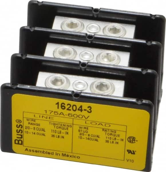 Cooper Bussmann - 3 Poles, 175 Amp, 2/0-8 AWG (Cu/Al) Primary, 2/0-8 AWG (Cu/Al) Secondary, Thermoplastic Power Distribution Block - 600 VAC/VDC, 1 Primary Connection, 5.2 Inch Long x 3.32 Inch Deep x 4 Inch High - Strong Tooling