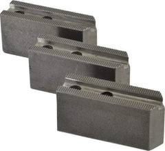 H & R Manufacturing - 1.5mm x 60° Serrated Attachment, Square Soft Lathe Chuck Jaw - 3 Jaws, Steel, 0.969" Btw Mount Hole Ctrs, 3-1/8" Long x 1" Wide x 1-1/2" High, 0.433" Groove, 8mm Fastener - Strong Tooling