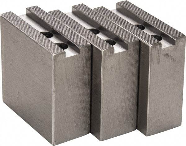 H & R Manufacturing - 1.5mm x 60° Serrated Attachment, Square Soft Lathe Chuck Jaw - 3 Jaws, Steel, 1" Btw Mount Hole Ctrs, 3-1/2" Long x 1-1/2" Wide x 3-1/2" High, 0.551" Groove, 12mm Fastener - Strong Tooling