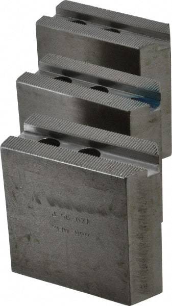 H & R Manufacturing - 1.5mm x 60° Serrated Attachment, Square Soft Lathe Chuck Jaw - 3 Jaws, Steel, 1" Btw Mount Hole Ctrs, 3-1/2" Long x 1-1/2" Wide x 3-1/2" High, 0.551" Groove, 12mm Fastener - Strong Tooling