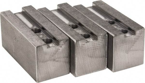 H & R Manufacturing - 1.5mm x 60° Serrated Attachment, Square Soft Lathe Chuck Jaw - 3 Jaws, Steel, 1.181" Btw Mount Hole Ctrs, 4" Long x 1-3/4" Wide x 2" High, 0.63" Groove, 12mm Fastener - Strong Tooling