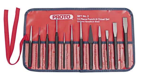 Proto - 12 Piece Punch & Chisel Set - 13/64 to 1/2" Chisel, 3/8 to 3/16" Punch, Round Shank - Strong Tooling