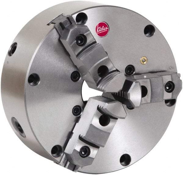 Atlas Workholding - 3 Jaws, 10" Diam, Self Centering Manual Lathe Chuck - Plain Back Mount Spindle, Adjustable, Reversible, 2,500 Max RPM, 2.86" Through Hole Diam, Cast Iron - Strong Tooling