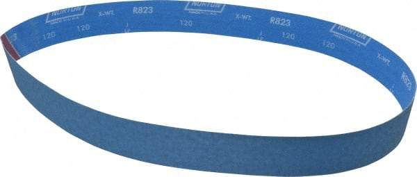 Norton - 2" Wide x 48" OAL, 120 Grit, Zirconia Alumina Abrasive Belt - Zirconia Alumina, Fine, Coated, X Weighted Cloth Backing, Series R823 - Strong Tooling