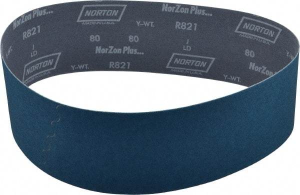 Norton - 4" Wide x 36" OAL, 80 Grit, Zirconia Alumina Abrasive Belt - Zirconia Alumina, Medium, Coated, Y Weighted Cloth Backing, Dry, Series R821 - Strong Tooling