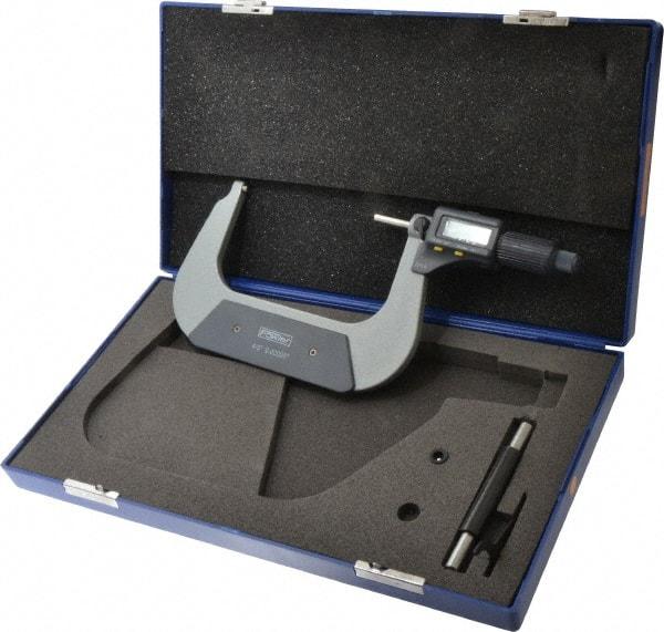 Fowler - 4 to 5 Inch Range, 0.0001 Inch Resolution, Standard Throat, IP54 Electronic Outside Micrometer - 0.0002 Inch Accuracy, Friction Thimble, 357 Battery, Data Output, Includes Case and Wrench - Strong Tooling