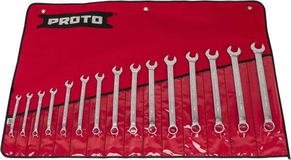 Proto - 15 Piece, 7 to 21mm, 12 Point, Combination Wrench Set - Metric System of Measurement, Satin Finish, Comes in Nylon Roll - Strong Tooling