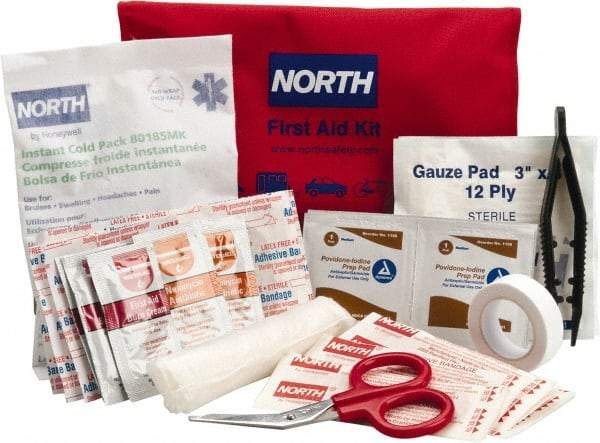 North - 39 Piece, 10 Person, Multipurpose/Auto/Travel First Aid Kit - 4-1/2" Wide x 1-1/2" Deep x 7" High, Nylon Bag - Strong Tooling