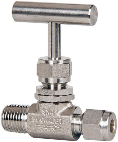 Ham-Let - 5,000 Max psi, 1/8" Pipe, 316 Grade Stainless Steel, Inline Stem Regulating Instrumentation Needle Valve - MNPT x Compression End Connections, Swaglok SS-ORM2-S2 - Strong Tooling