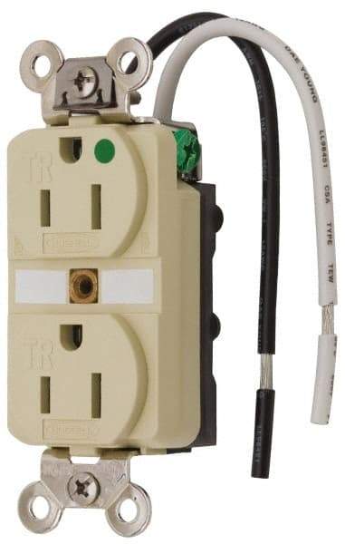 Hubbell Wiring Device-Kellems - 125 VAC, 15 Amp, 5-15R NEMA Configuration, Ivory, Hospital Grade, Self Grounding Duplex Receptacle - 1 Phase, 2 Poles, 3 Wire, Flush Mount, Chemical, Corrosion and Impact Resistant, Tamper Resistant - Strong Tooling