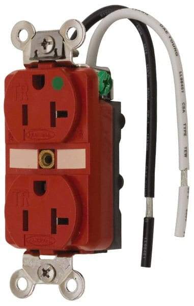 Hubbell Wiring Device-Kellems - 125 VAC, 20 Amp, 5-20R NEMA Configuration, Red, Hospital Grade, Self Grounding Duplex Receptacle - 1 Phase, 2 Poles, 3 Wire, Flush Mount, Chemical, Corrosion and Impact Resistant, Tamper Resistant - Strong Tooling