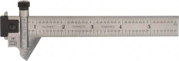 Starrett - 6 Inch Long, 59° Bevel Angle, Ruler Drill Point Gage - 1/32 Inch Bevel x 1/64 to 1/8 Ruler Graduation, Removable and Adjustable Ruler Hook, Depth Gage, Hook Rule, Plain Rule, Slide Caliper Function, Use with Rules 18.7mm Wide by 3/64 Inch Thick - Strong Tooling