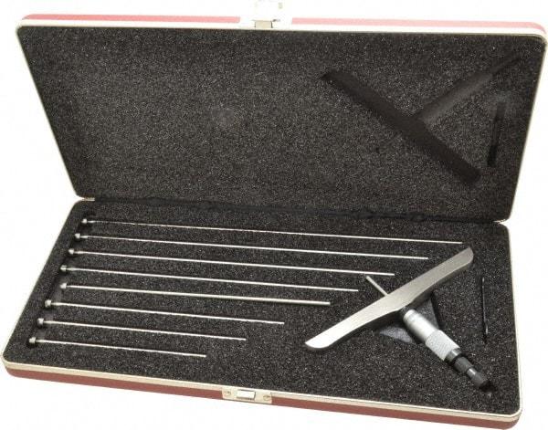 Starrett - 0 to 9" Range, 9 Rod, Satin Chrome Finish Mechanical Depth Micrometer - Ratchet Stop Thimble, 6" Base Length, 0.01mm Graduation, 5/32" Rod Diam - Strong Tooling