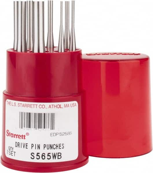 Starrett - 8 Piece, 1/16 to 5/16", Pin Punch Set - Round Shank, Comes in Round Container - Strong Tooling