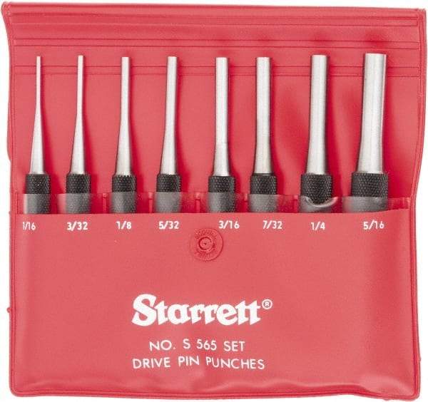 Starrett - 8 Piece, 1/16 to 5/16", Pin Punch Set - Round Shank, Comes in Vinyl Pouch - Strong Tooling