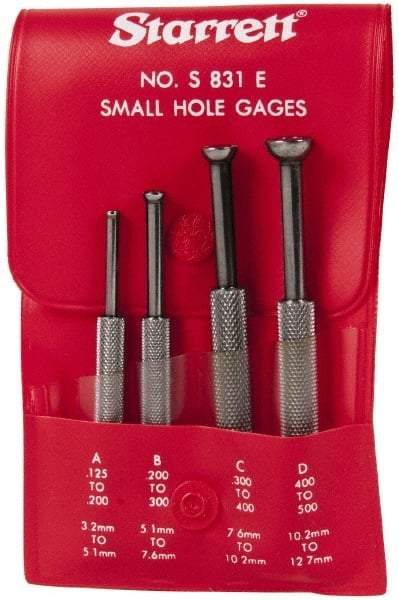 Starrett - 1/8 to 1/2 Inch Measurement, Small Hole Gage Set - 2-13/16, 3-1/8, 3-3/8 and 3-1/2 Inch Long, Half Ball, Includes Case - Strong Tooling