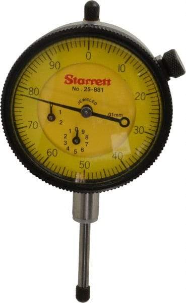 Starrett - 25mm Range, 0-100 Dial Reading, 0.01mm Graduation Dial Drop Indicator - 2-1/4" Dial, 1mm Range per Revolution, Revolution Counter - Strong Tooling