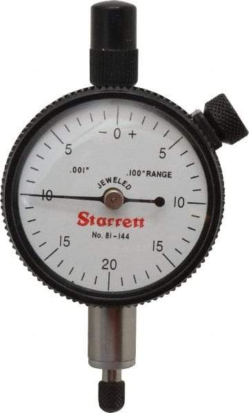 Starrett - 0.1" Range, 0-20-0 Dial Reading, 0.001" Graduation Dial Drop Indicator - 1-11/16" Dial, 0.04" Range per Revolution, Revolution Counter - Strong Tooling