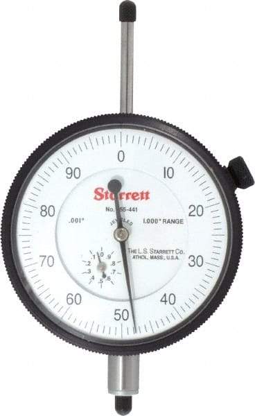 Starrett - 1" Range, 0-100 Dial Reading, 0.001" Graduation Dial Drop Indicator - 2-3/4" Dial, 0.1" Range per Revolution, Revolution Counter - Strong Tooling