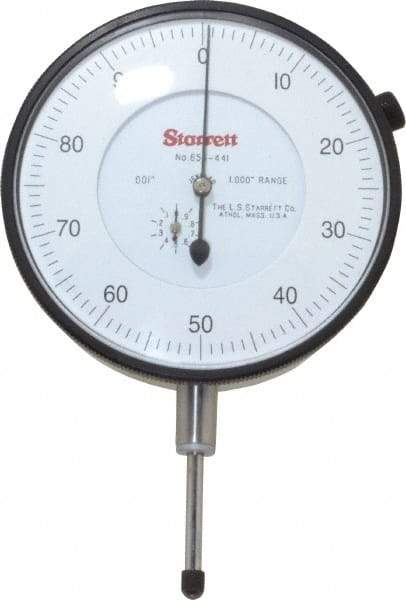 Starrett - 1" Range, 0-100 Dial Reading, 0.001" Graduation Dial Drop Indicator - 3-5/8" Dial, 0.1" Range per Revolution - Strong Tooling