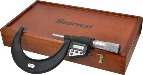 Starrett - 3 to 4" Range, 0.0001" Resolution, Standard Throat, Electronic Outside Micrometer - 0.0002" Accuracy, Friction Thimble, Micro Lapped Carbide Face, CR2450 Battery, Data Output, Includes 3V Battery - Strong Tooling