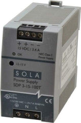 Sola/Hevi-Duty - 100 Watt, 4.2 to 3.4 Amp, 264 VAC, 375 VDC Input, 12 to 15 VDC Output, DIN Rail Power Supply - Screw Terminal Connection, 1 Output, 1.77 Inch Wide x 3.58 Inch Deep x 2.95 Inch High, Up to 86% Efficiency, 14 to 140°F, Green LED Display - Strong Tooling