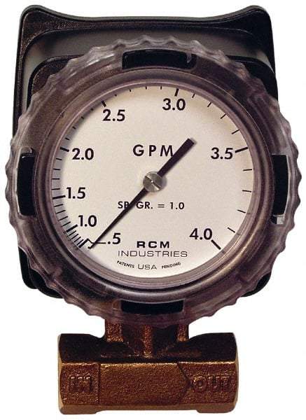 Made in USA - 1/2" NPT Port RCM Industries Flo-Gage Flowmeter - 180 Max psi, 0.5 to 4 GPM, Bronze - Strong Tooling