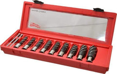 Milwaukee Tool - 9 Piece, 1/2 to 15/16" Cutter Diam, 2" Cutting Depth, Steel Annular Cutter Set - Bright Finish, 3/4" Shank Diam, 1/2", 9/16", 5/8", 11/16", 3/4", 13/16", 7/8", 15/16", 1-1/16" Cutter Diams, 2 Flats on Shank - Strong Tooling