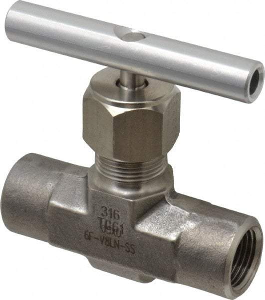 Parker - 5,000 Max psi, 3/8" Pipe, 316 Grade Stainless Steel, Inline Instrumentation Needle Valve - FNPT x FNPT End Connections - Strong Tooling