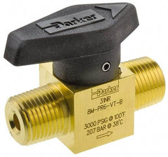 Parker - 1/2" Pipe, 3,000 psi WOG Rating, Brass, Inline, One Way Instrumentation Plug Valve - Wedge Handle, MNPT x MNPT End Connections, Viton Seal - Strong Tooling