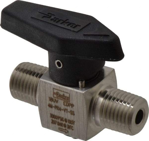 Parker - 1/4" Pipe, 3,000 psi WOG Rating, 316 Stainless Steel, Inline, One Way Instrumentation Plug Valve - Wedge Handle, MNPT x MNPT End Connections, Viton Seal - Strong Tooling