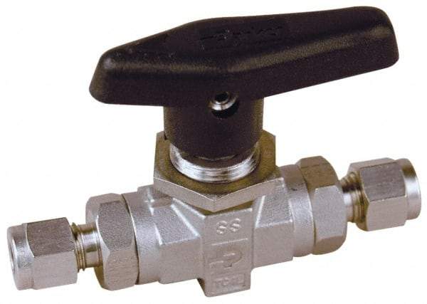 Parker - 1/2" Pipe, Stainless Steel, Inline, Two Way Flow, Instrumentation Ball Valve - 6,000 psi WOG Rating, Wedge Handle, PTFE Seal, PTFE Seat - Strong Tooling