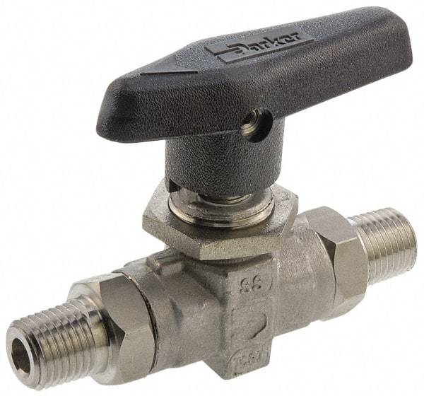 Parker - 1/8" Pipe, MNPT x MNPT End Connections, Stainless Steel, Inline, Two Way Flow, Instrumentation Ball Valve - 6,000 psi WOG Rating, Wedge Handle, PTFE Seal, PTFE Seat - Strong Tooling