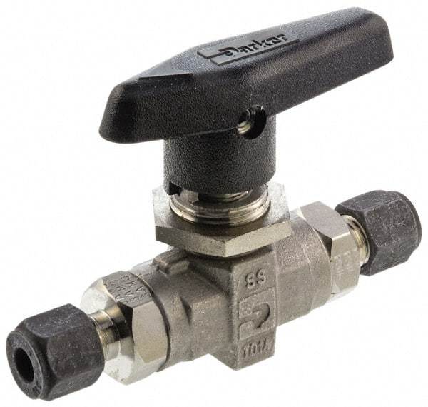 Parker - 1/4" Pipe, Compression x Compression CPI End Connections, Stainless Steel, Inline, Two Way Flow, Instrumentation Ball Valve - 6,000 psi WOG Rating, Wedge Handle, PTFE Seal, PTFE Seat - Strong Tooling