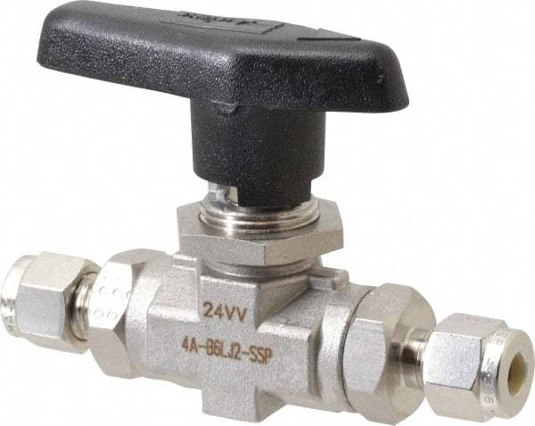 Parker - 1/4" Pipe, Stainless Steel, Inline, Two Way Flow, Instrumentation Ball Valve - 6,000 psi WOG Rating, Wedge Handle, PTFE Seal, PTFE Seat - Strong Tooling