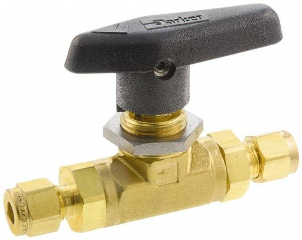 Parker - 3/8" Pipe, Brass, Inline, Two Way Flow, Instrumentation Ball Valve - 3,000 psi WOG Rating, Wedge Handle, PTFE Seal, PTFE Seat - Strong Tooling