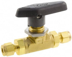 Parker - 1/4" Pipe, Brass, Inline, Two Way Flow, Instrumentation Ball Valve - 3,000 psi WOG Rating, Wedge Handle, PTFE Seal, PTFE Seat - Strong Tooling