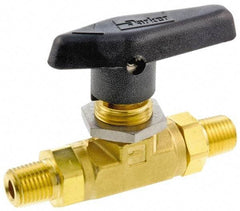 Parker - 3/8" Pipe, MNPT x MNPT End Connections, Brass, Inline, Two Way Flow, Instrumentation Ball Valve - 3,000 psi WOG Rating, Wedge Handle, PTFE Seal, PTFE Seat - Strong Tooling