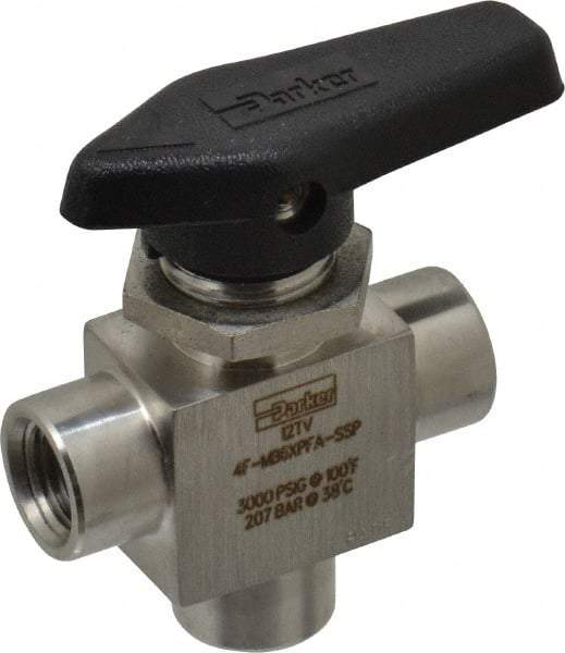 Parker - 1/4" Pipe, FNPT x FNPT x FNPT End Connections, Stainless Steel, Three Way, Instrumentation Ball Valve - 3,000 psi WOG Rating, Wedge Handle, PFA Seat - Strong Tooling