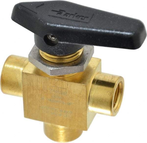 Parker - 1/4" Pipe, FNPT x FNPT x FNPT End Connections, Brass, Three Way, Instrumentation Ball Valve - 3,000 psi WOG Rating, Wedge Handle, PFA Seat - Strong Tooling