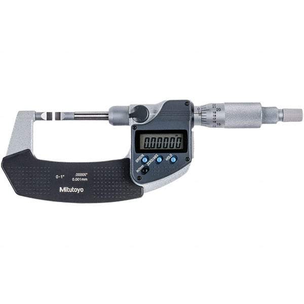 Mitutoyo - 0 to 1" Range, 0.00005" Resolution, Blade Throat IP54 Electronic Outside Micrometer - 0.00015" Accuracy, Ratchet Stop Thimble, Carbide-Tipped Face, SR44 Battery - Strong Tooling