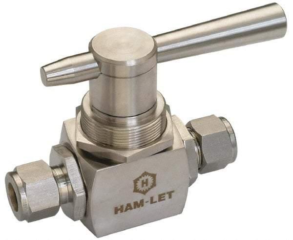 Ham-Let - 3/8" Pipe, Stainless Steel, Three Way, Instrumentation Ball Valve - 6,000 psi WOG Rating, Tee Handle, PTFE Seal, KEL-F Seat - Strong Tooling