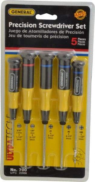 General - 5 Piece Phillips & Slotted Screwdriver Set - Electrician Shank, Plastic Handle, Blade Sizes: Length 1-1/2 & 2-1/2, Bit Sizes: Philips #00 to #1, Tip Thickness: 3/32 & 1/8 - Strong Tooling