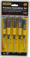 General - 5 Piece Phillips & Slotted Screwdriver Set - Electrician Shank, Plastic Handle, Blade Sizes: Length 1-1/2 & 2-1/2, Bit Sizes: Philips #00 to #1, Tip Thickness: 3/32 & 1/8 - Strong Tooling